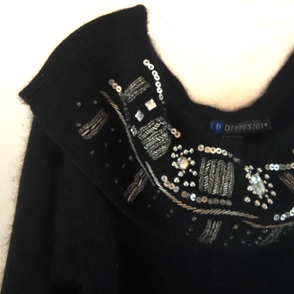 Vintage Black Angora Sweater Embellished Jewels Cozy Soft 80s Women M